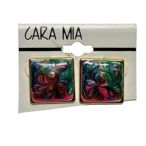 Cara Mia Vintage Earrings Colorful Squares Gold Tone Stud Post Fashion 1980's